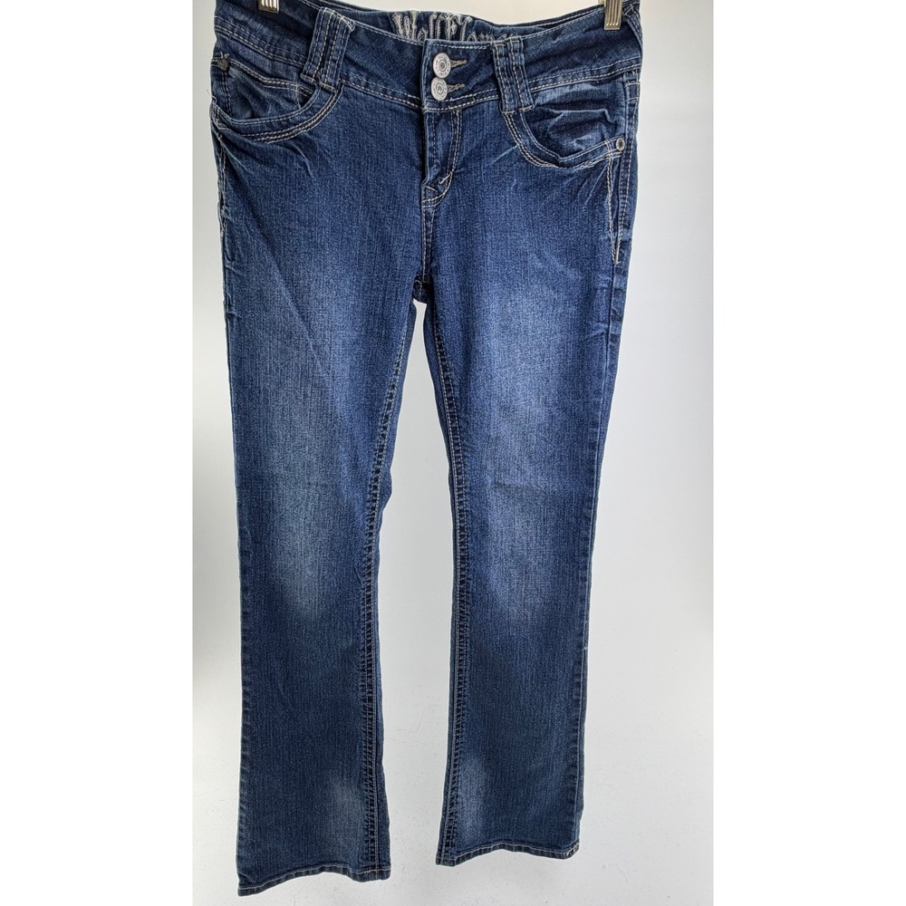 WallFlower Women Blue Bootcut Jeans Size 9 Embroidered Flap Pocket Dark Wash